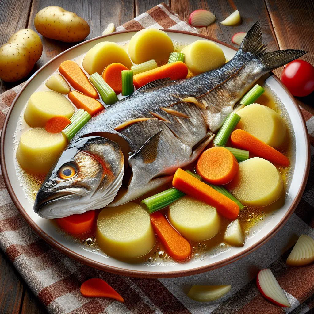 Poached whole fish served in a light vegetable broth with lemon and herbs