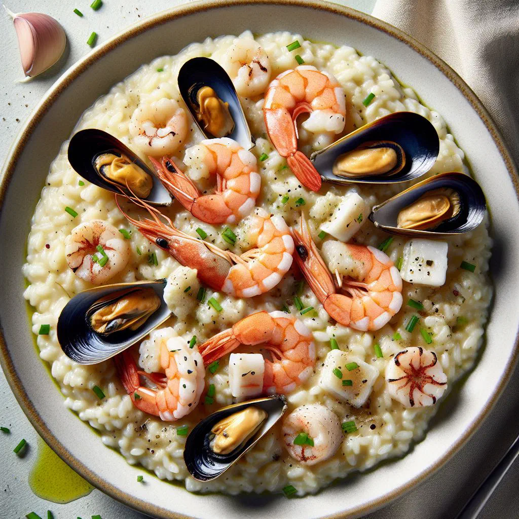 Croatian seafood risotto with squid and parsley in a bowl