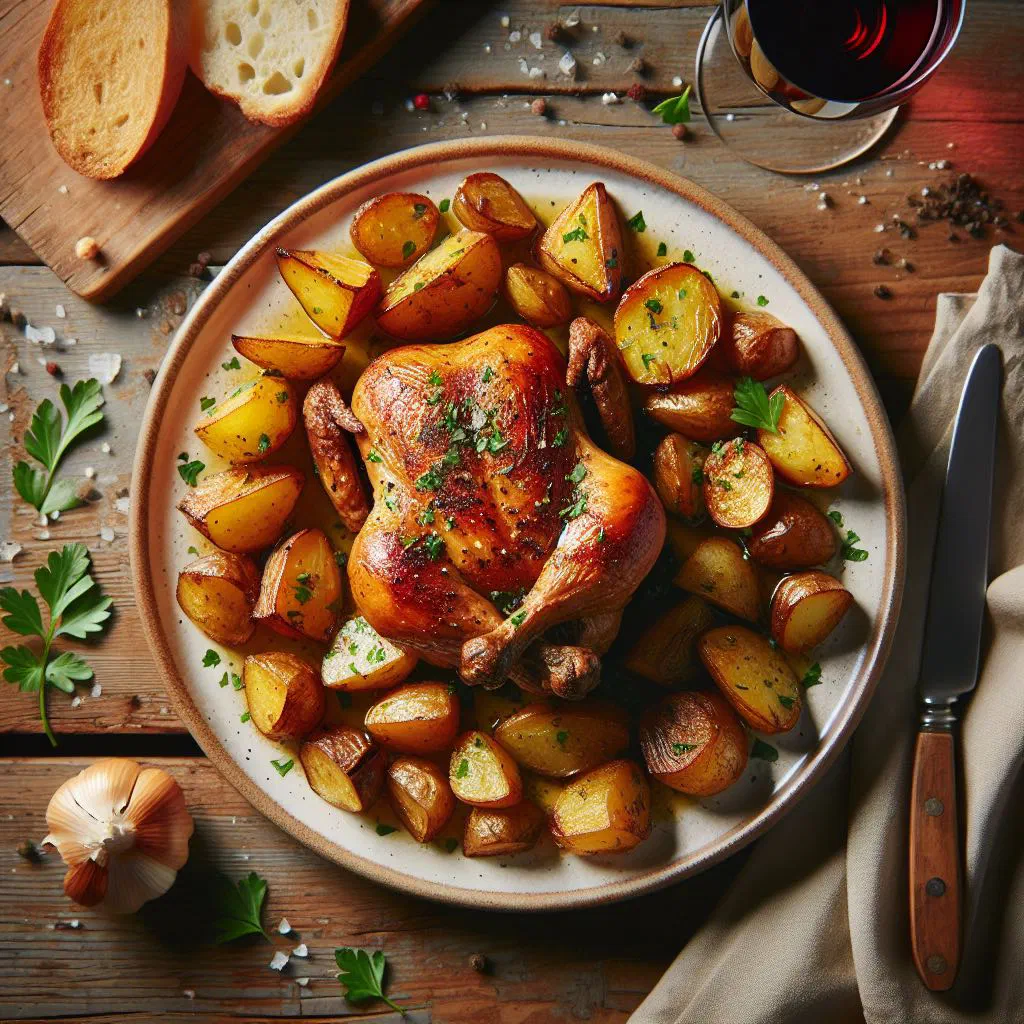Roast chicken breast served over golden, crispy oven potatoes