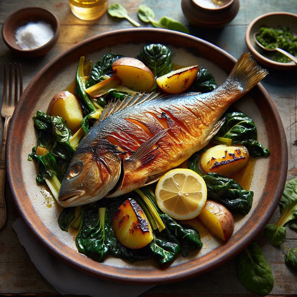 Whole roast fish served with sautéed Swiss chard and lemon