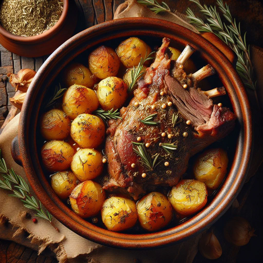 Roast lamb with golden crispy potatoes, rosemary and lemon