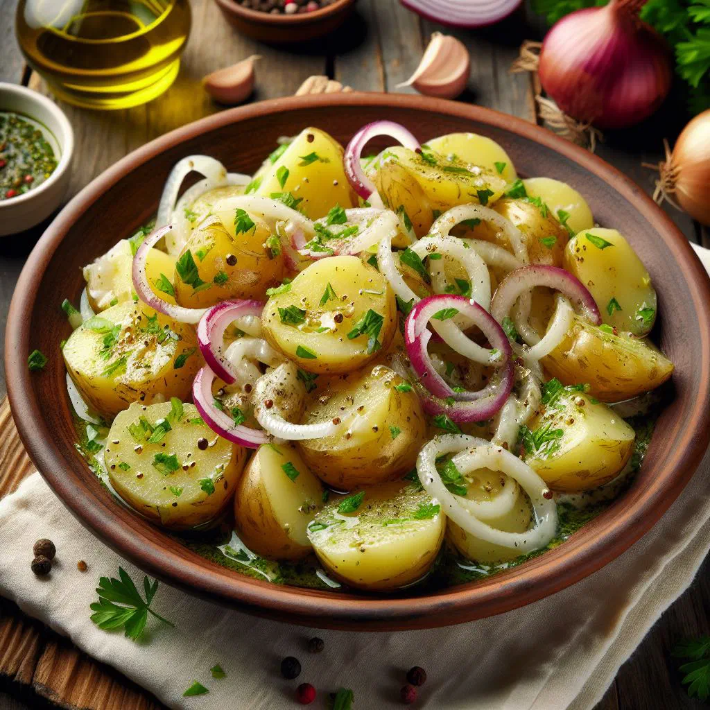 Croatian potato salad with sliced potatoes, onions and parsley in a bowl
