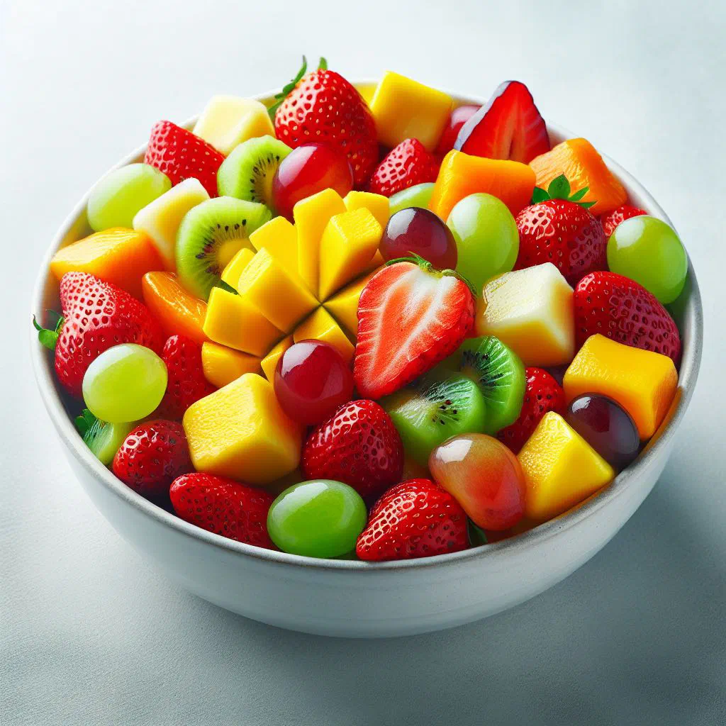 Colourful Croatian mixed fruit salad with yoghurt and fresh mint