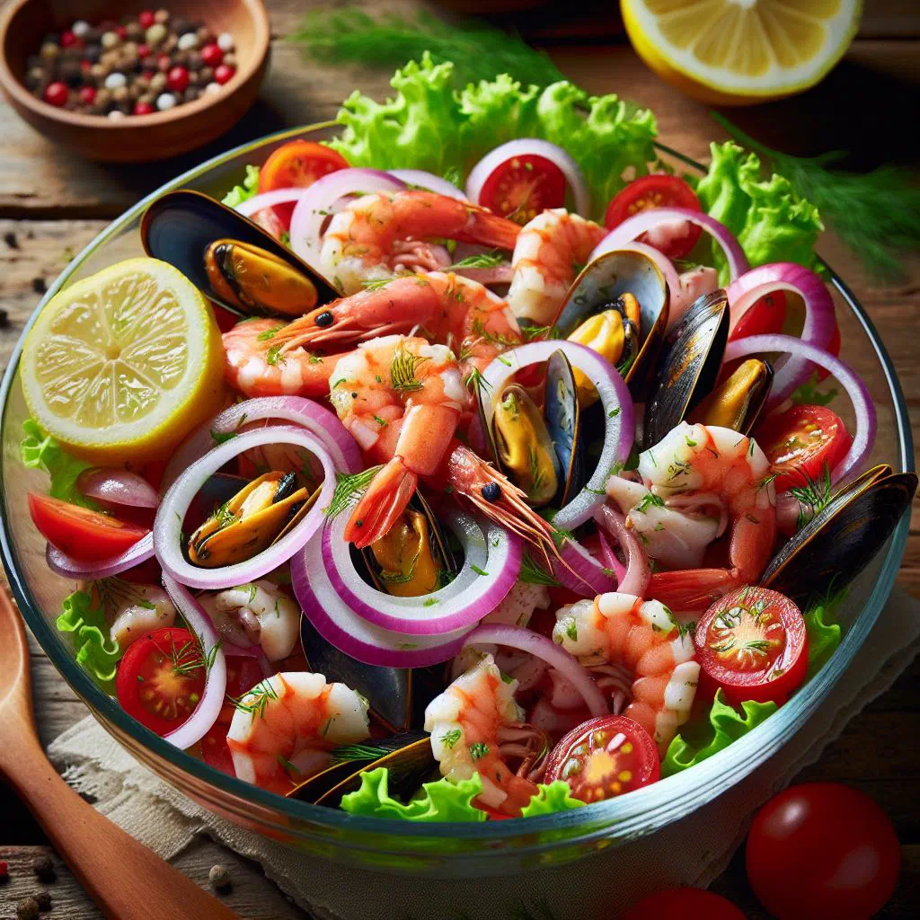 Croatian seafood salad with prawns, mussels, peppers and parsley
