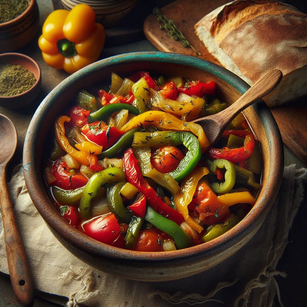 Sataraš vegetable stew with peppers, tomatoes and onions garnished with parsley