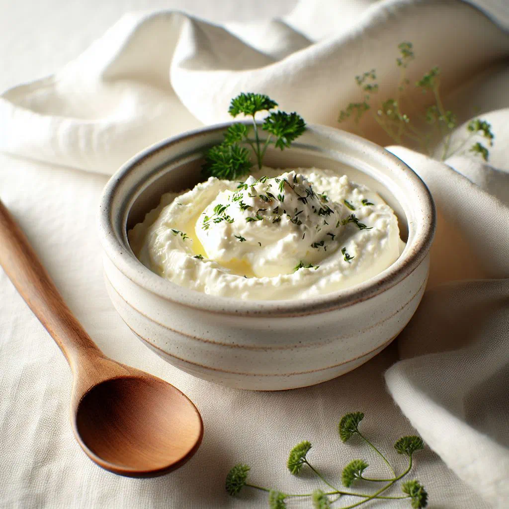 A bowl of fresh cheese folded with cream, served with bread and vegetables