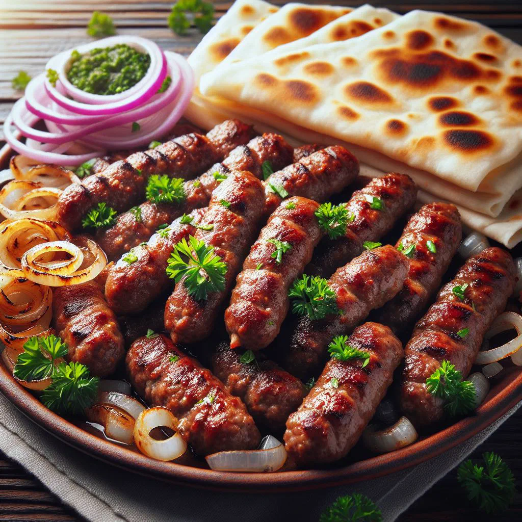 Grilled Šiš Ćevap skewers served with flatbread, onions and peppers