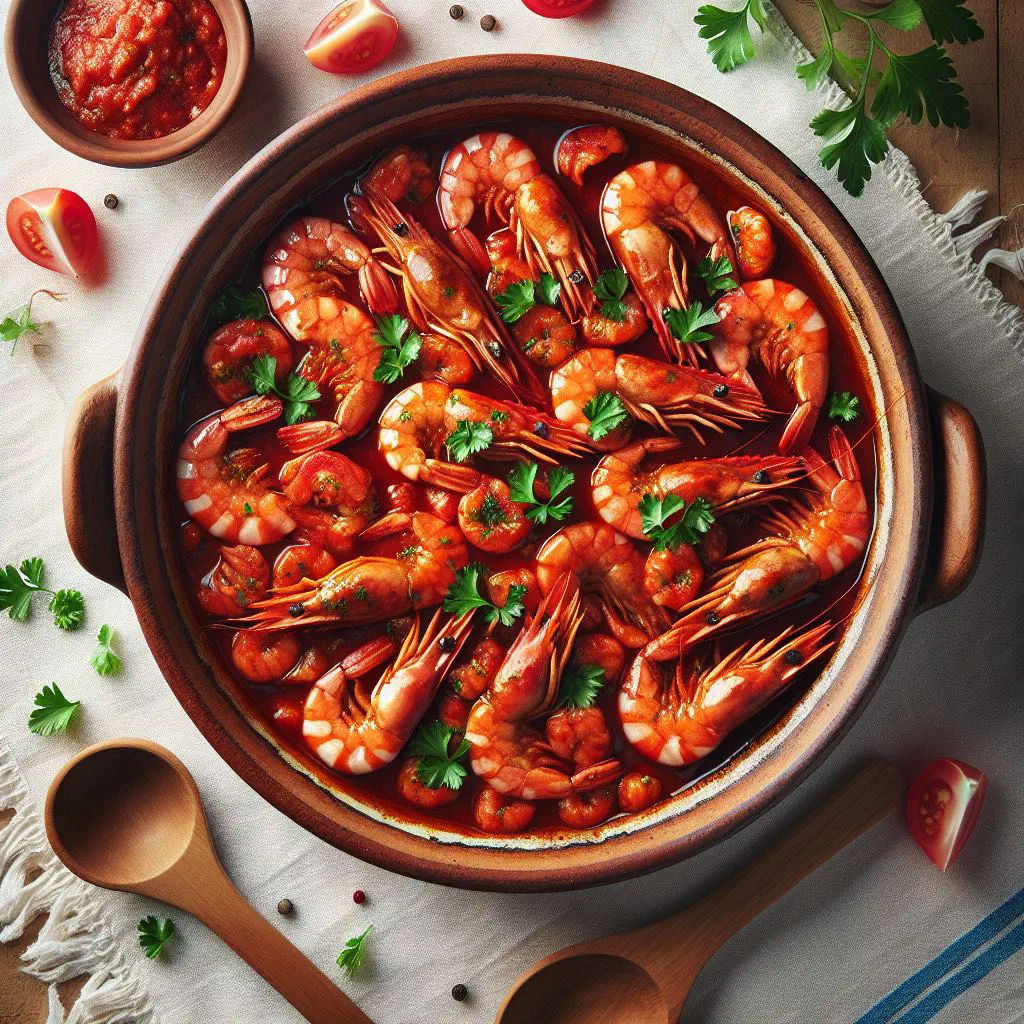 Prawns in a rich tomato and garlic buzara sauce with fresh parsley