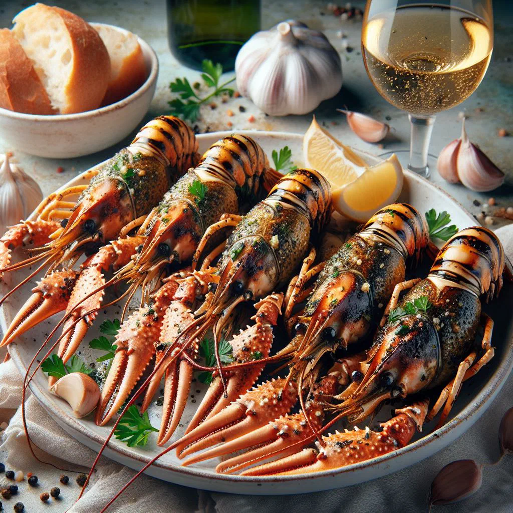 Grilled prawns with garlic, fresh herbs and lemon wedges on a plate