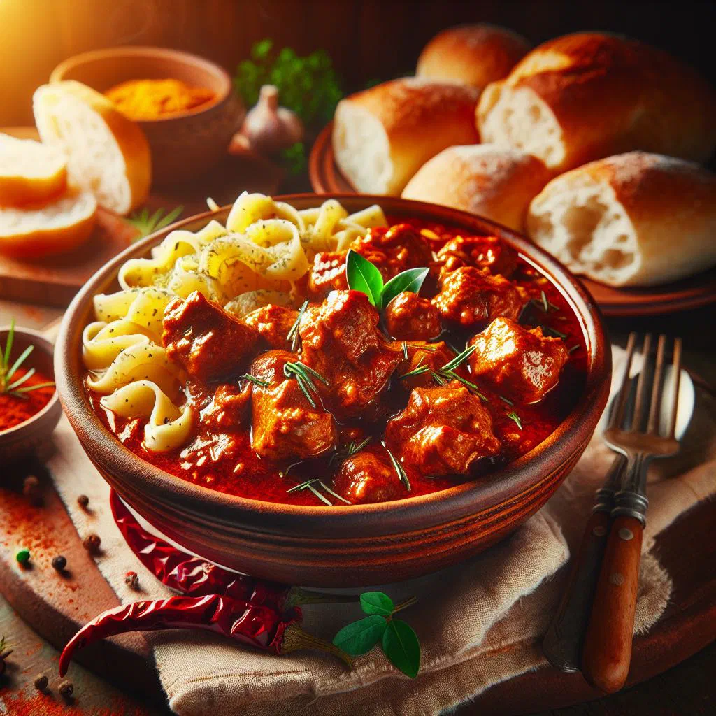 Bowl of Slavonian paprikash beef stew with peppers and parsley