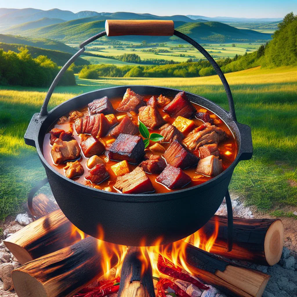 Rich Slavonian čobanac stew with chunks of meat and paprika in a rustic bowl
