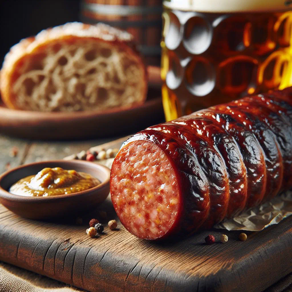 Sliced Slavonski kulen cured sausage on a wooden board