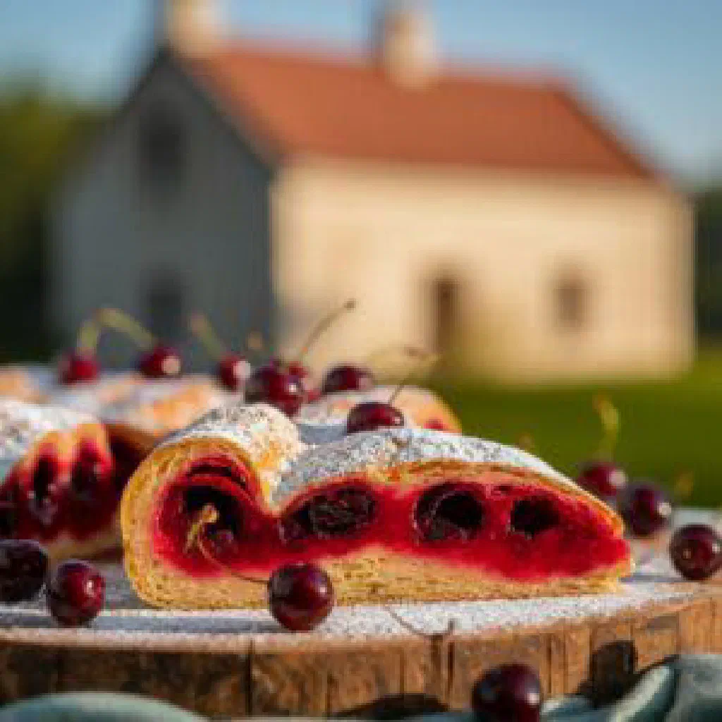 Slice of Croatian sour cherry pie dusted with icing sugar