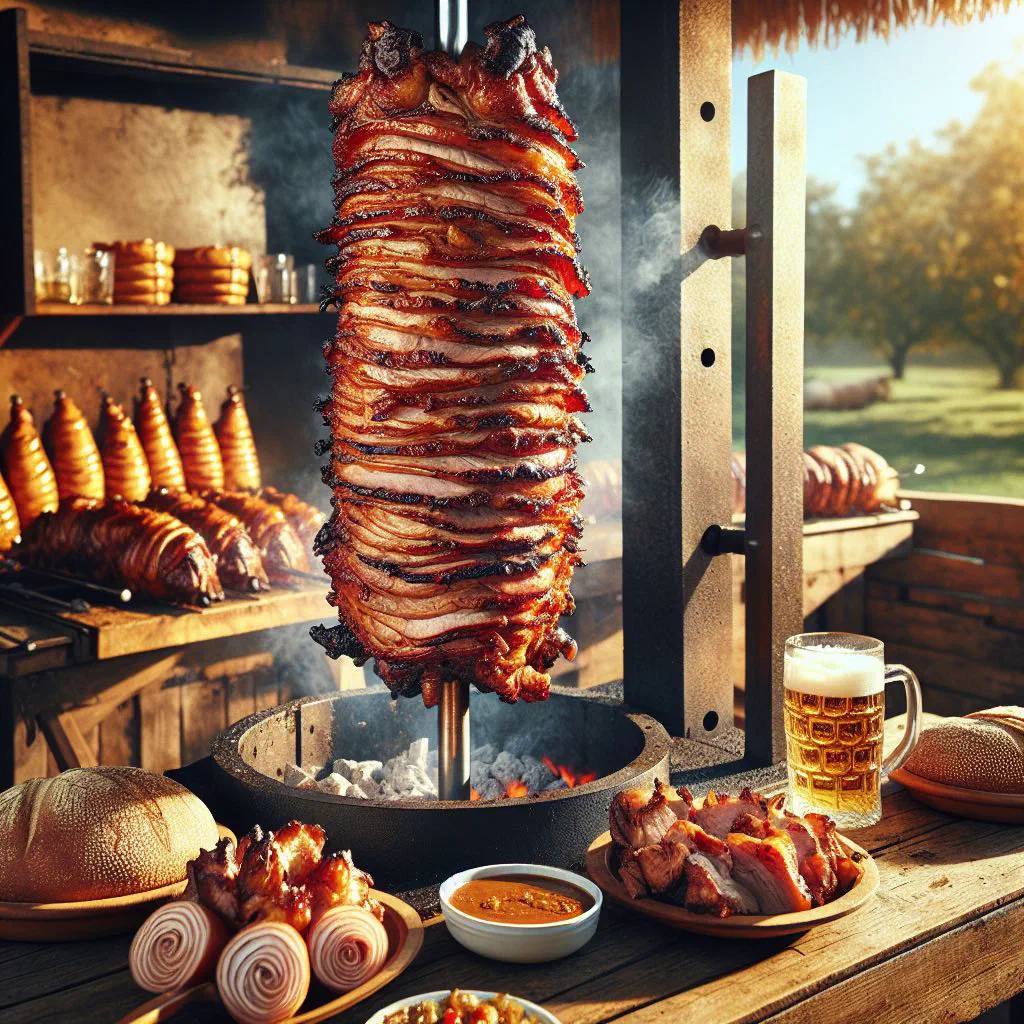 Spit-roasted suckling pig with golden, crisp crackling served on a wooden board