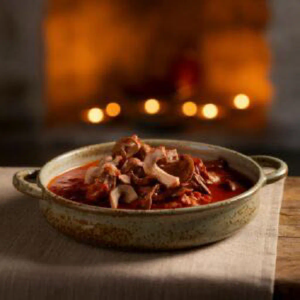 Hunter's style venison stew with mushrooms in a rich red wine sauce