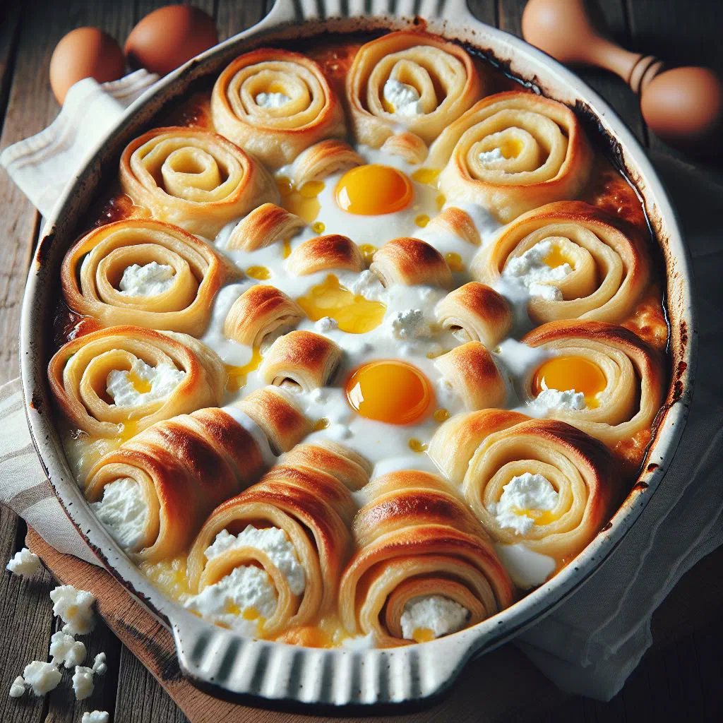 Baked cheese štrukli in a dish, topped with cream
