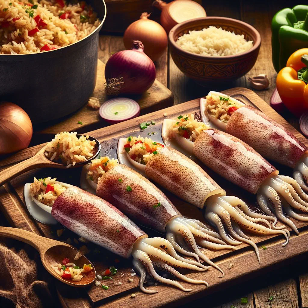 Baked stuffed squid filled with rice, garnished with parsley and lemon
