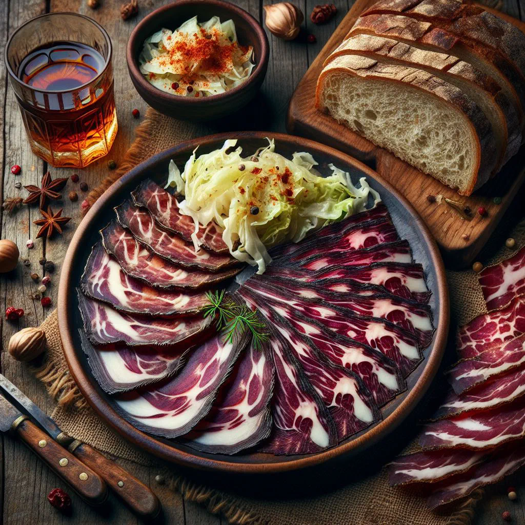Air-dried cured meat served with tangy pickled cabbage and crusty bread