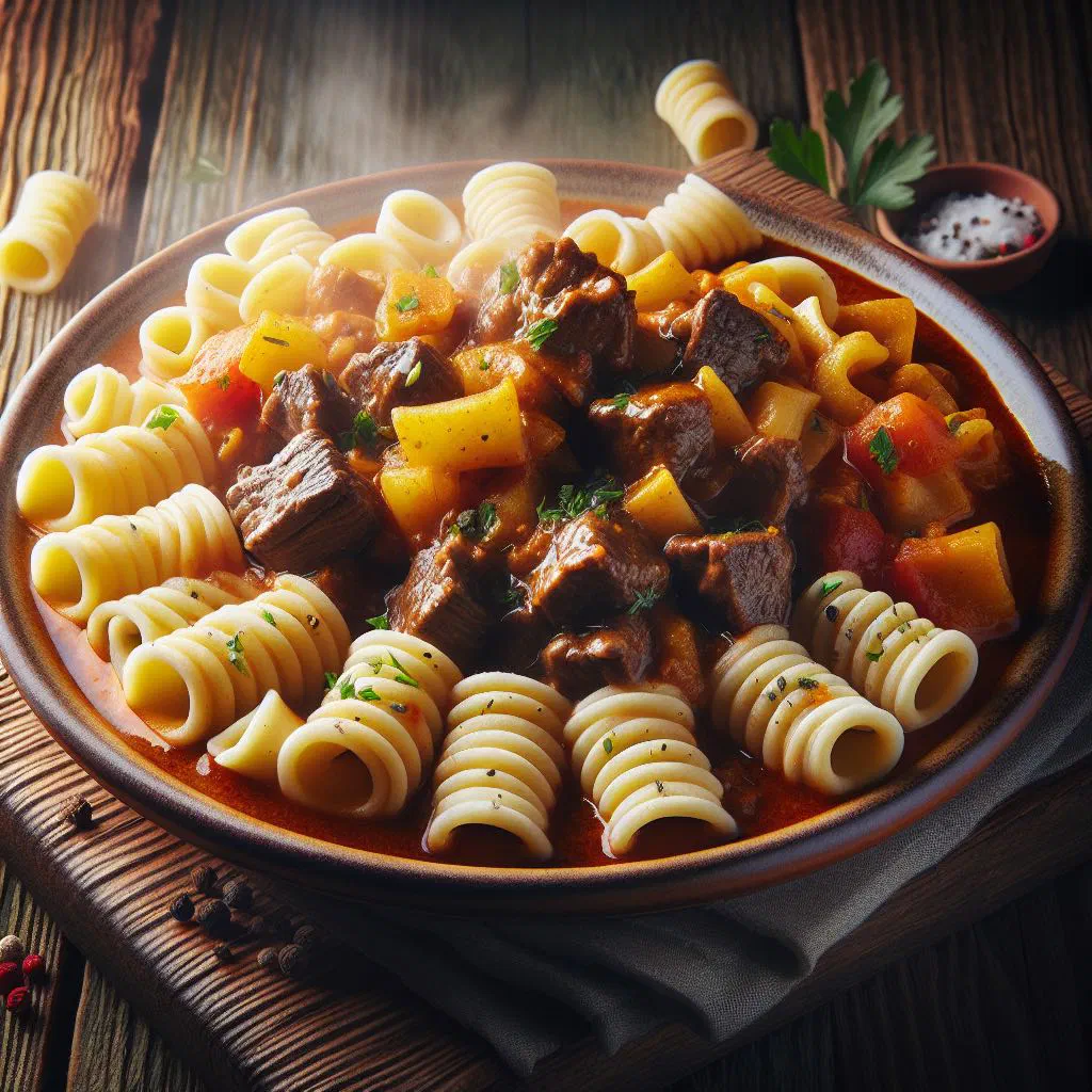 Hand-rolled šurlice pasta topped with a rich beef goulash and fresh parsley