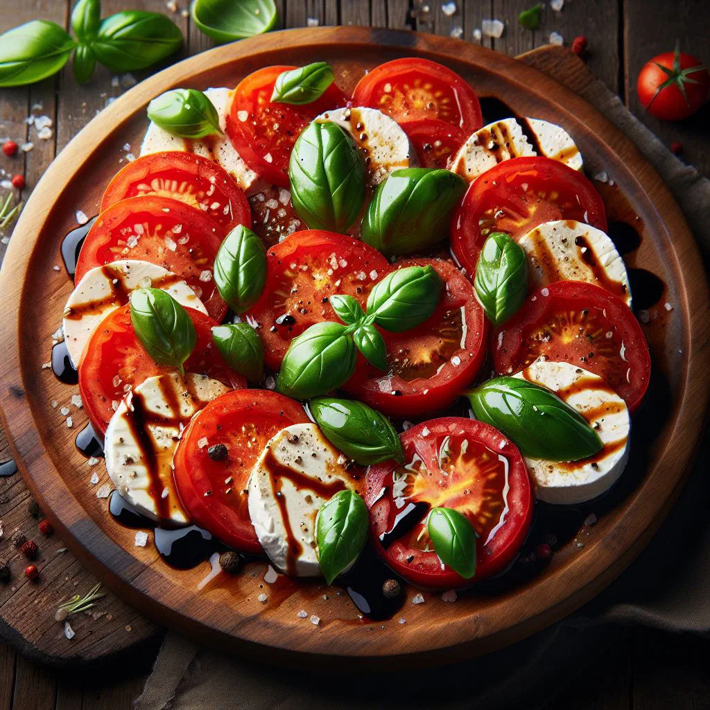 Sliced tomatoes and mozzarella with fresh basil and olive oil
