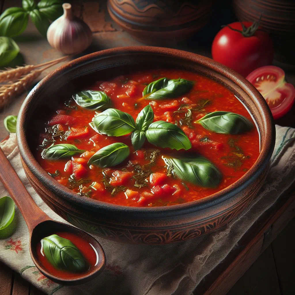 Bowl of creamy tomato soup garnished with fresh basil leaves and olive oil