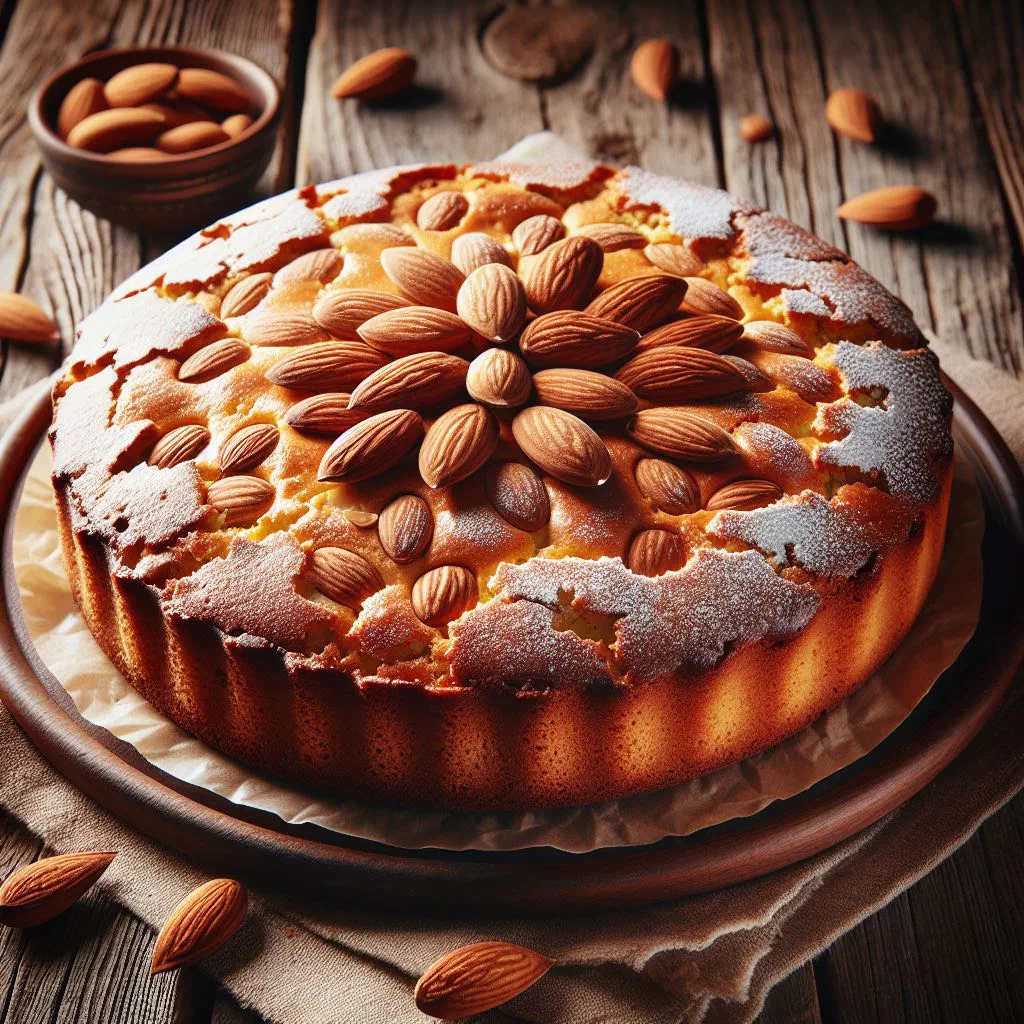 Slice of Croatian almond cake dusted with icing sugar