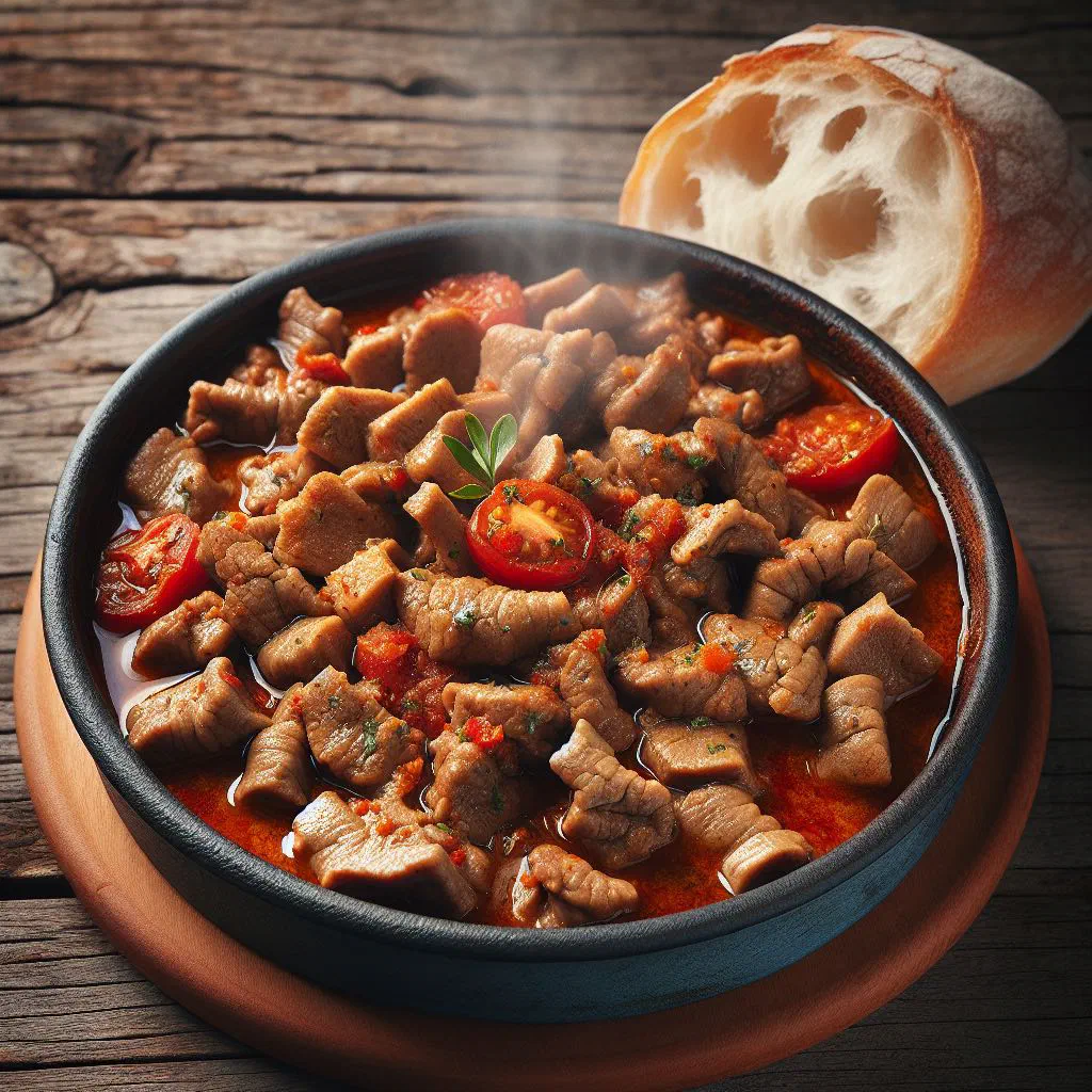 Bowl of Croatian tripice tripe stew in a rich tomato broth with parsley