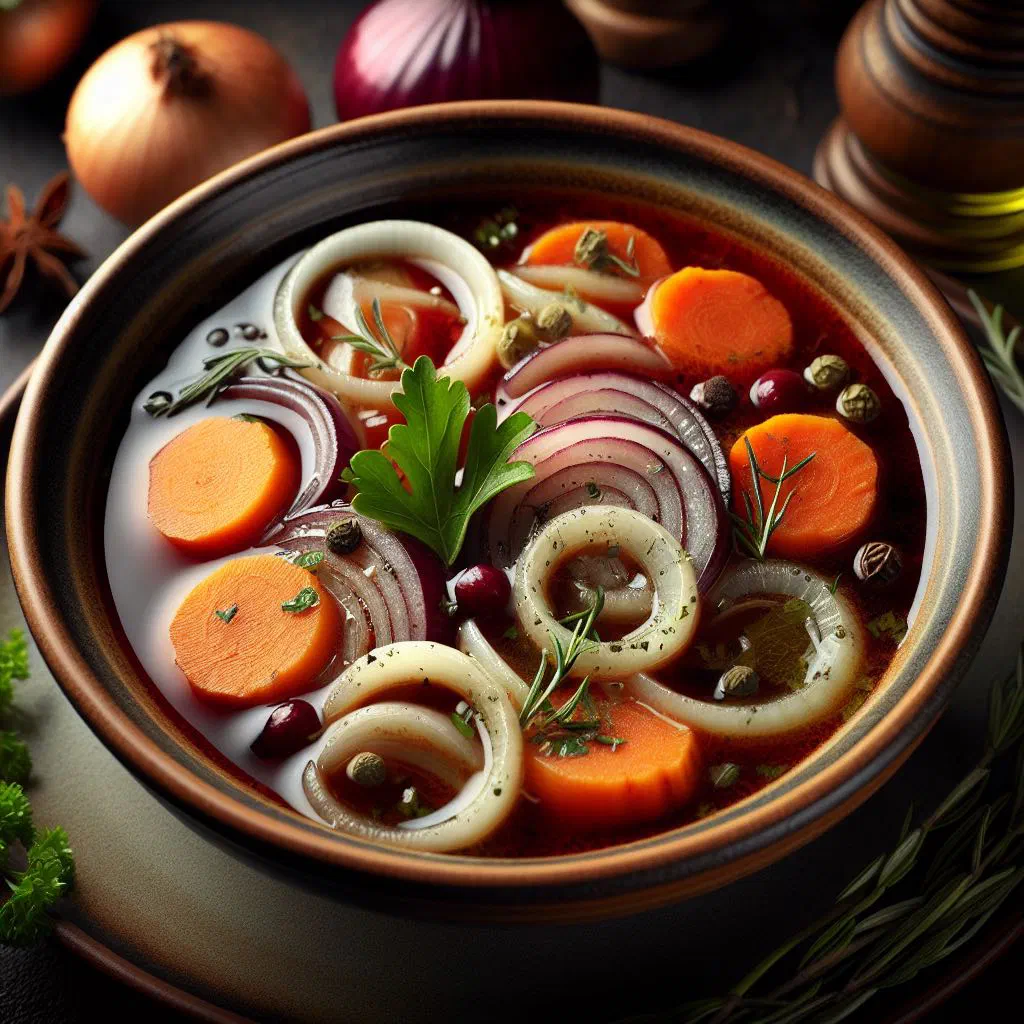 Bowl of Croatian wine soup garnished with fresh herbs