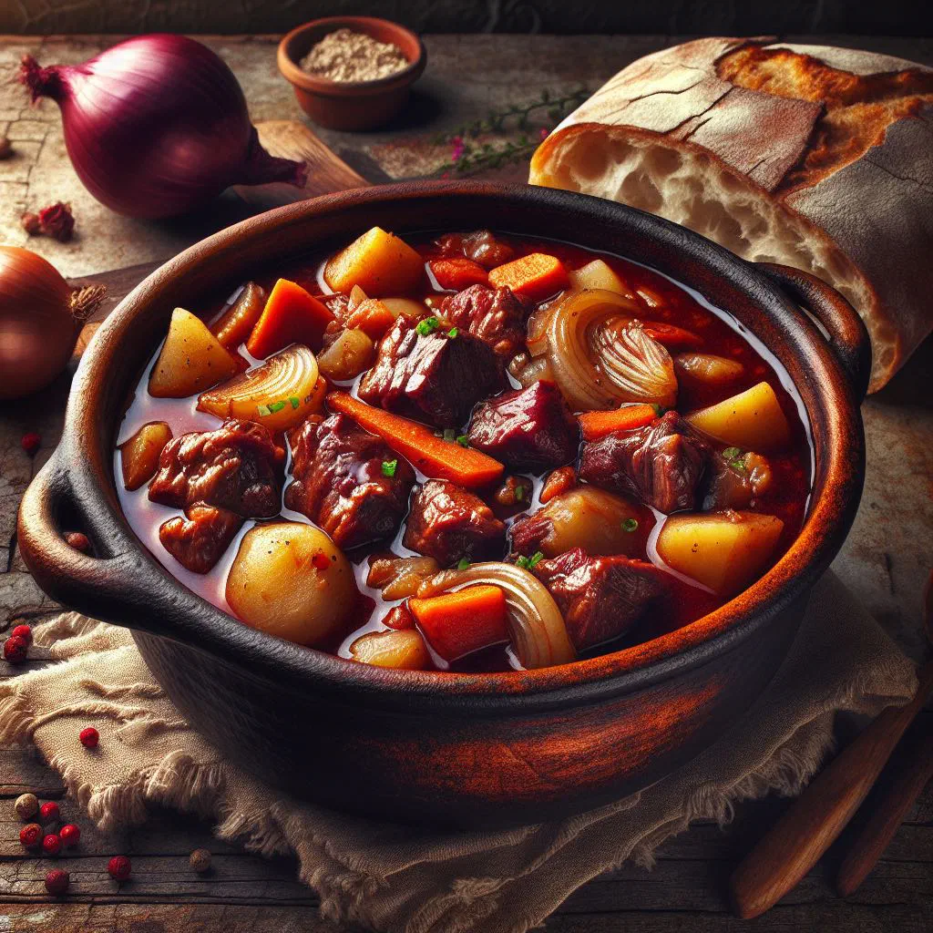 Croatian vinski gulaš, a rich beef and red wine stew with peppers
