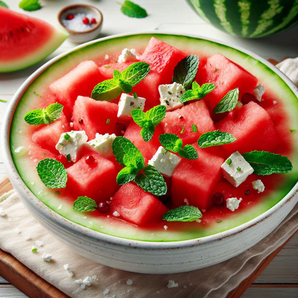 Watermelon salad with feta, cucumber and fresh mint in a bowl