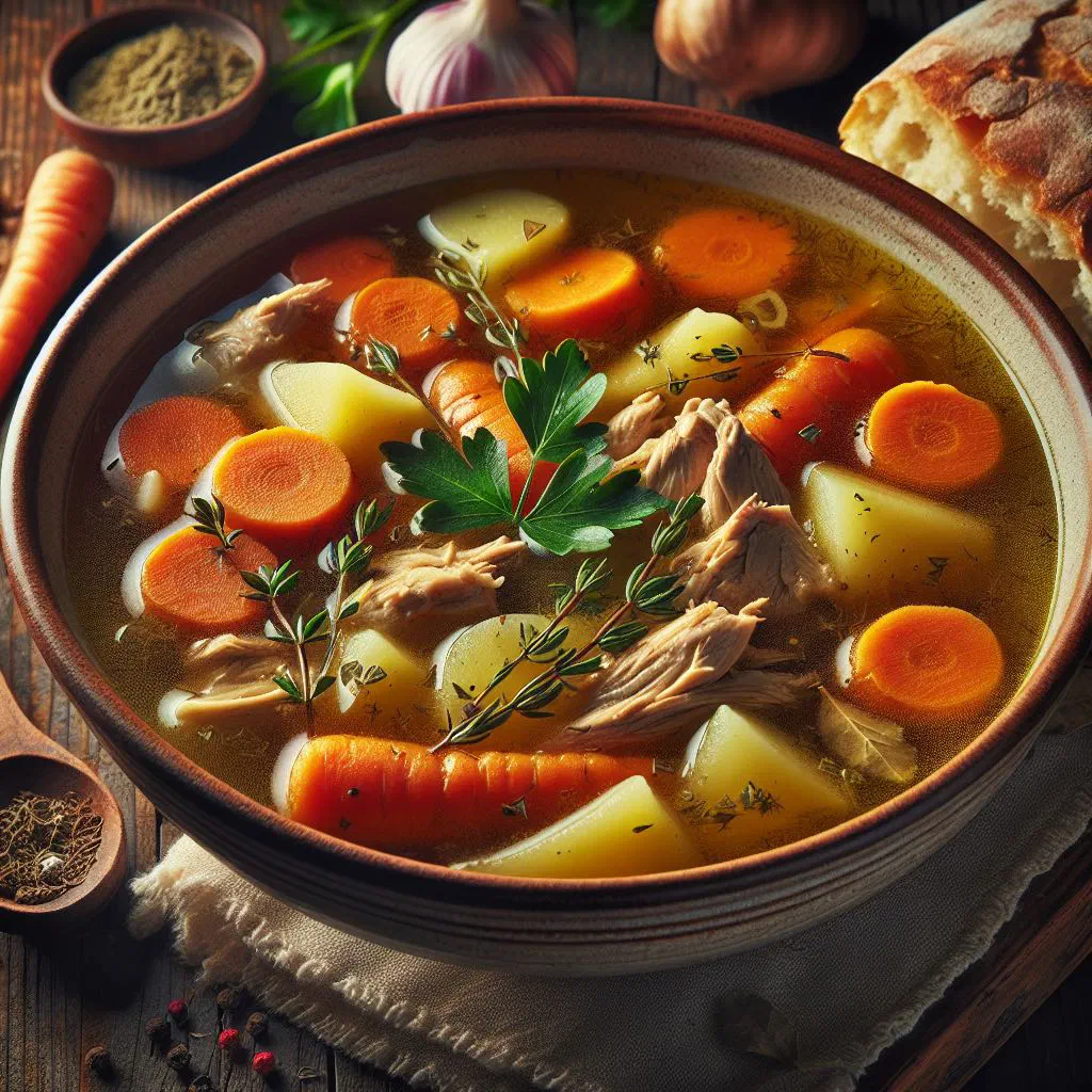 A bowl of hearty Croatian Zagorje soup with beef and root vegetables, garnished with fresh herbs
