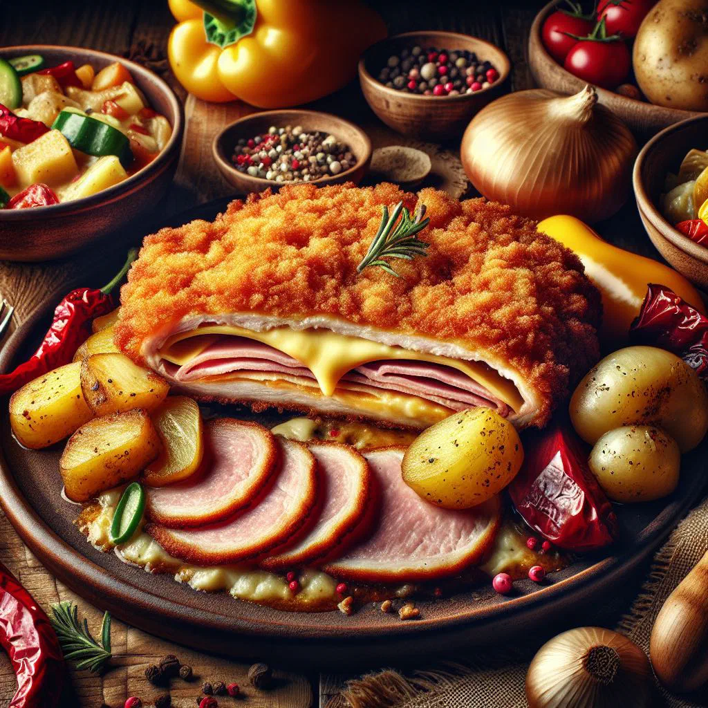 Golden breaded Zagorski odrezak stuffed with ham and cheese on a plate