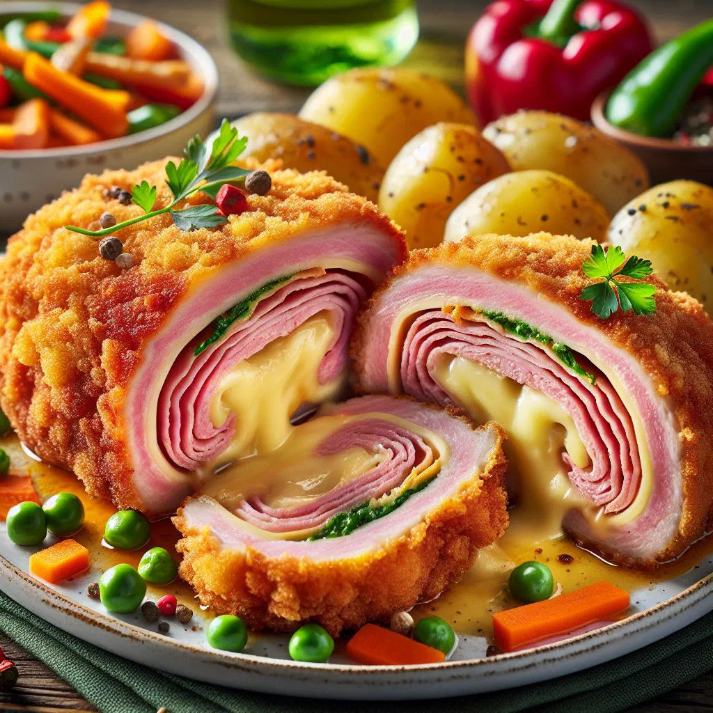 Golden breaded Zagreb schnitzel filled with ham and melted cheese