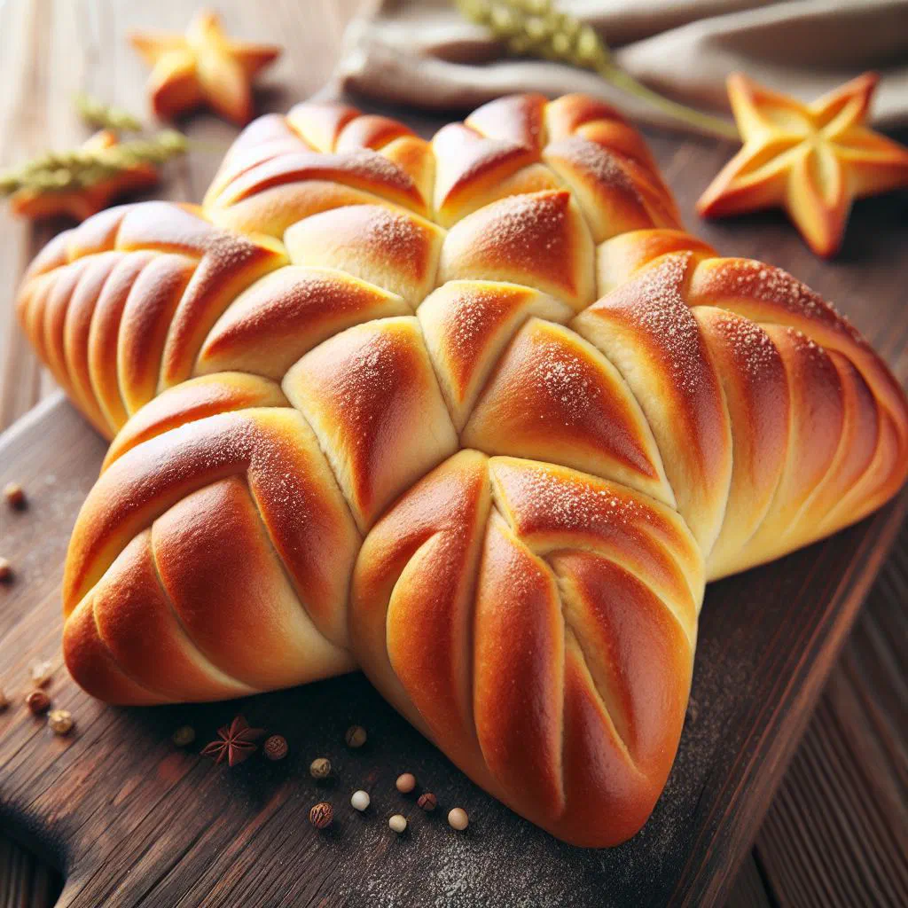 Golden star-shaped Croatian bread on a rustic wooden board