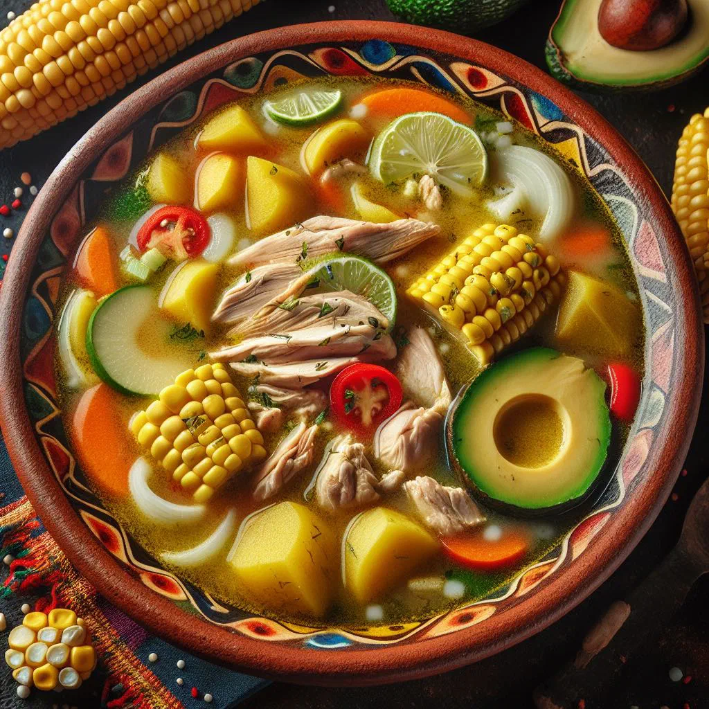 Bowl of Cuban ajiaco chicken and root vegetable stew garnished with fresh coriander