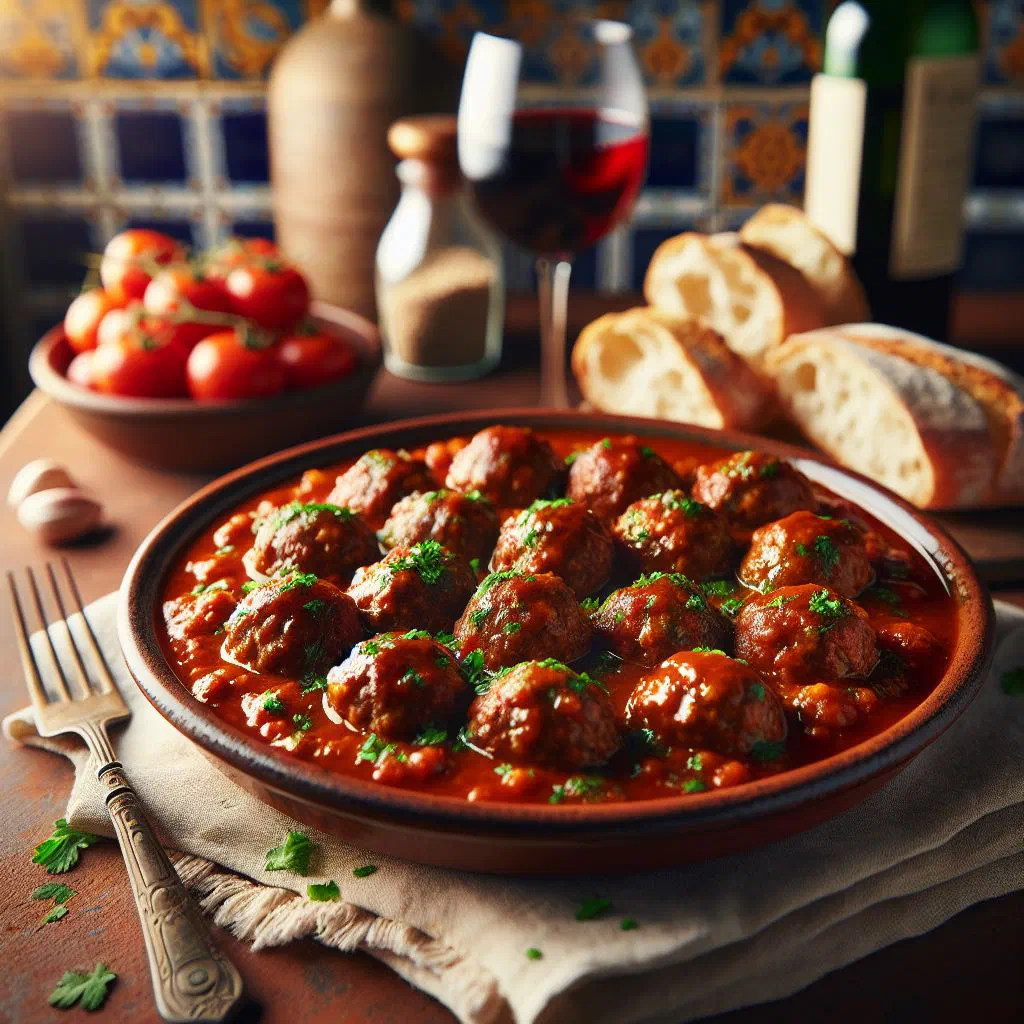 Cuban meatballs simmered in tomato sauce, garnished with fresh herbs