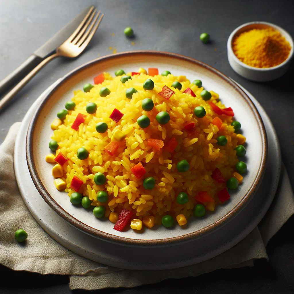 Bowl of Cuban yellow rice flecked with peppers and herbs