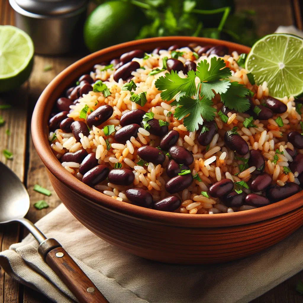 Cuban rice and black beans garnished with fresh parsley
