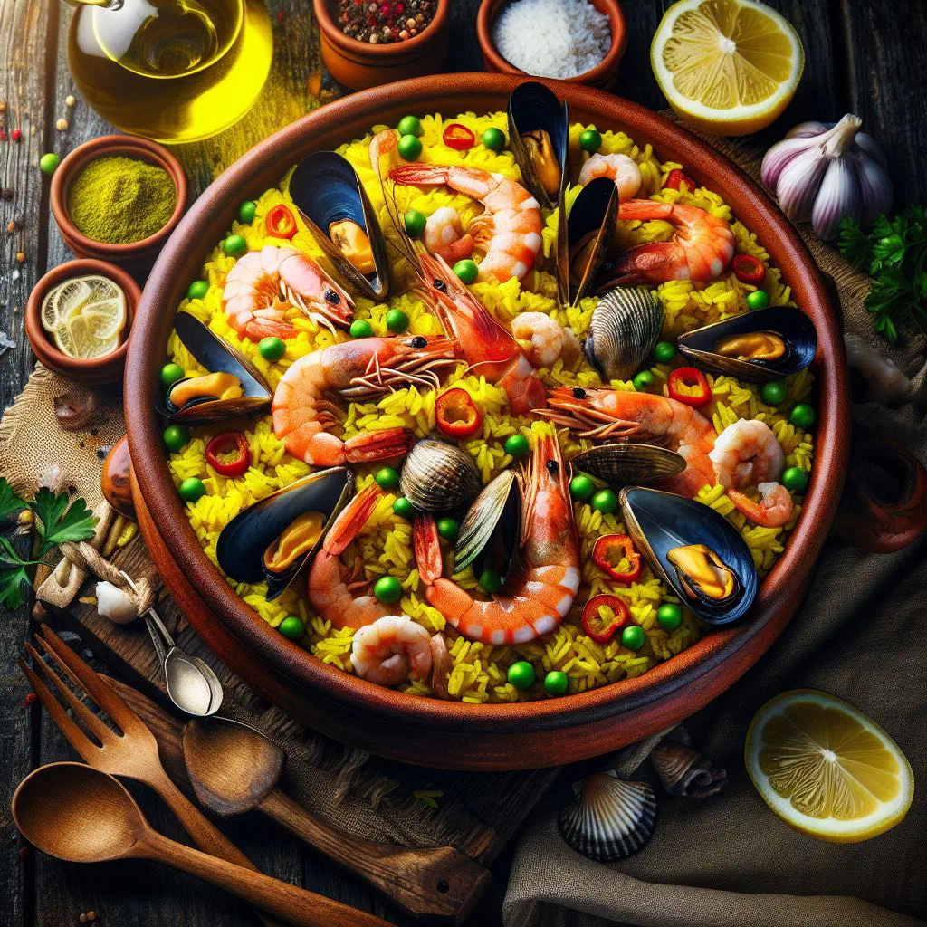 Cuban seafood rice with shrimp, mussels and squid garnished with fresh coriander