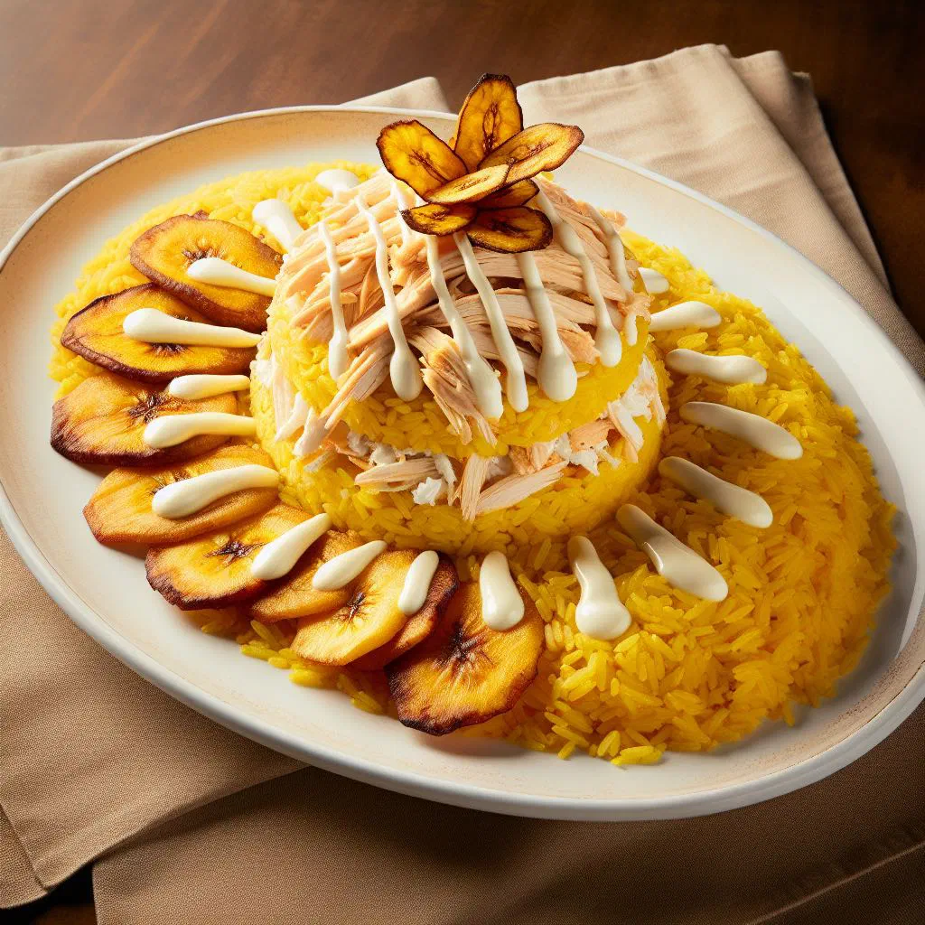 Layered Cuban arroz imperial with rice, spiced meat and a golden egg-and-cheese top