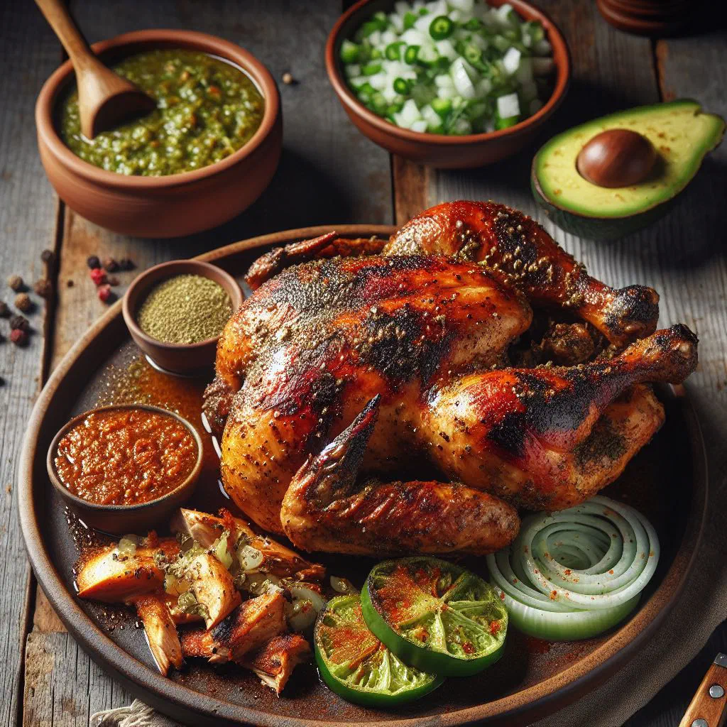Grilled marinated Cuban barbecue chicken garnished with fresh herbs and lime