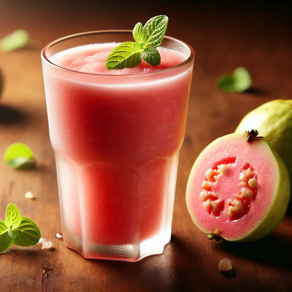 Creamy guava fruit shake in a glass garnished with fresh mint