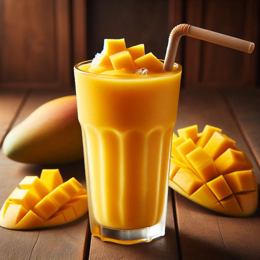 A tall glass of creamy mango batido garnished with fresh mint