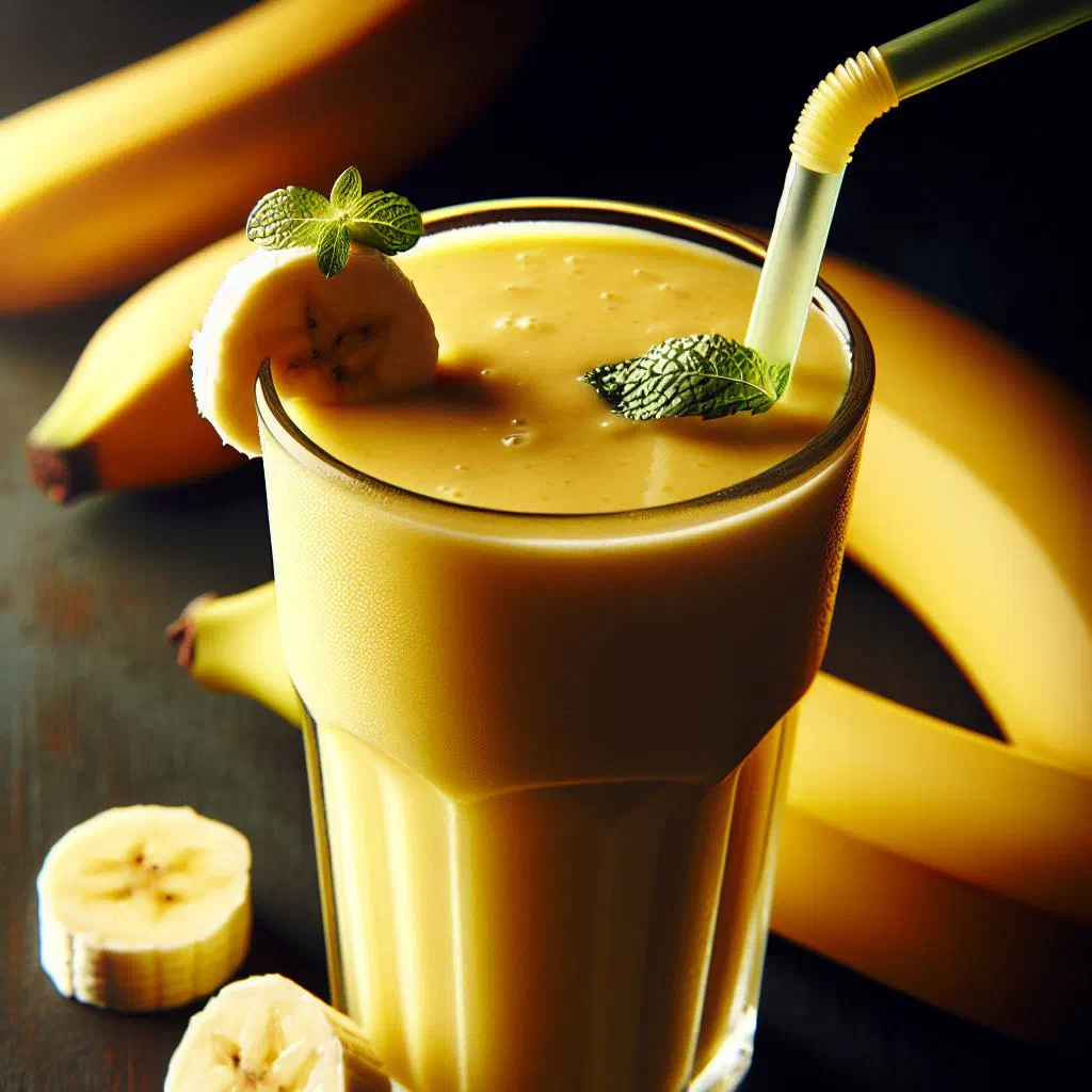 A tall glass of creamy Cuban banana shake garnished with a slice of banana
