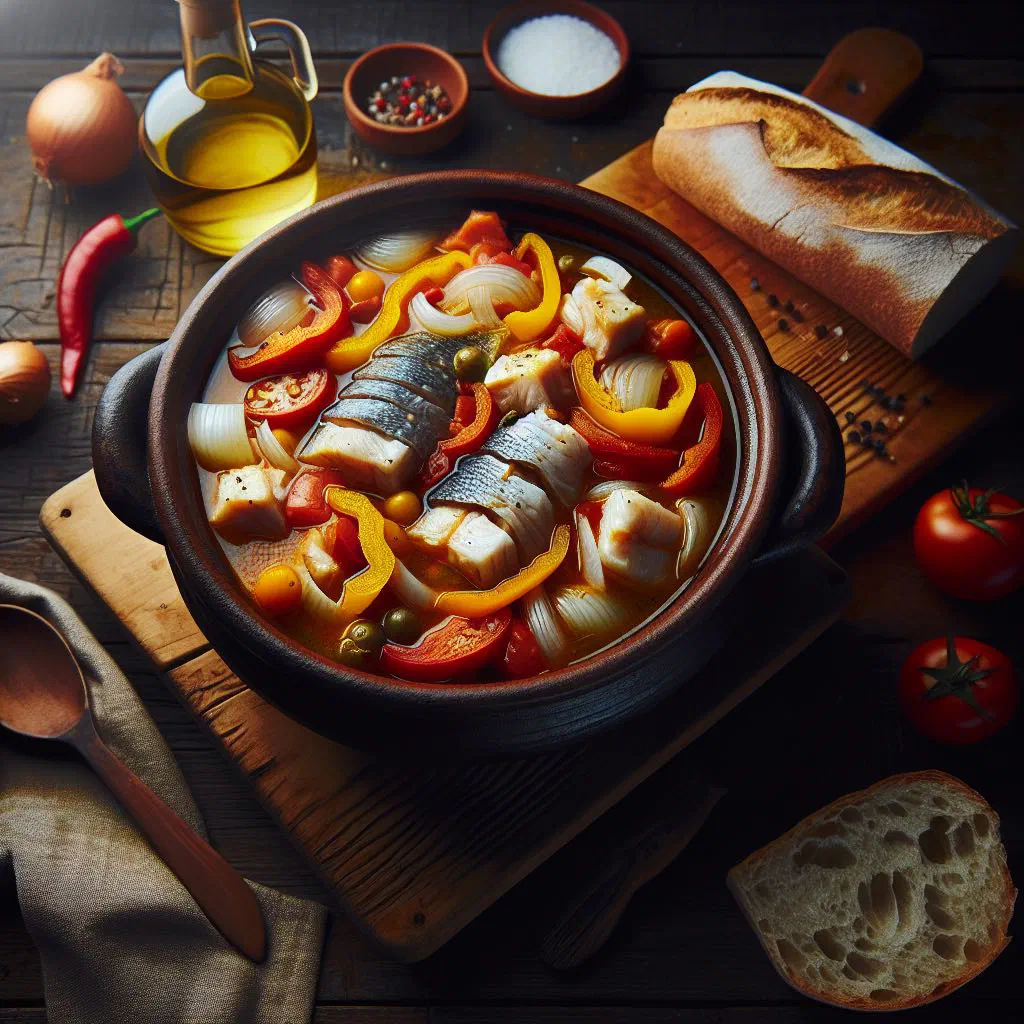 Cuban fish stew with peppers, carrots and tomatoes in a bowl