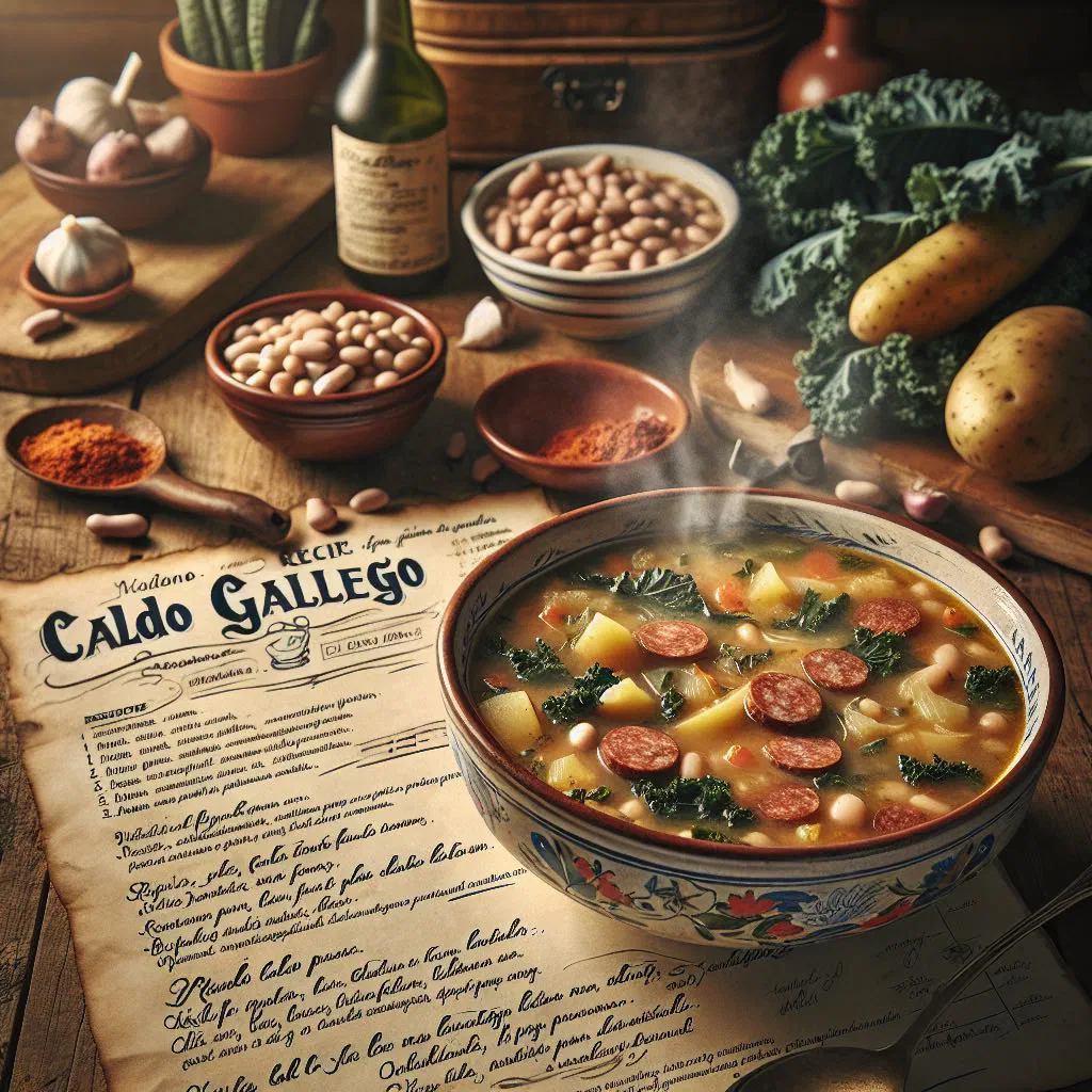 Bowl of Caldo Gallego stew with meat, potatoes and greens