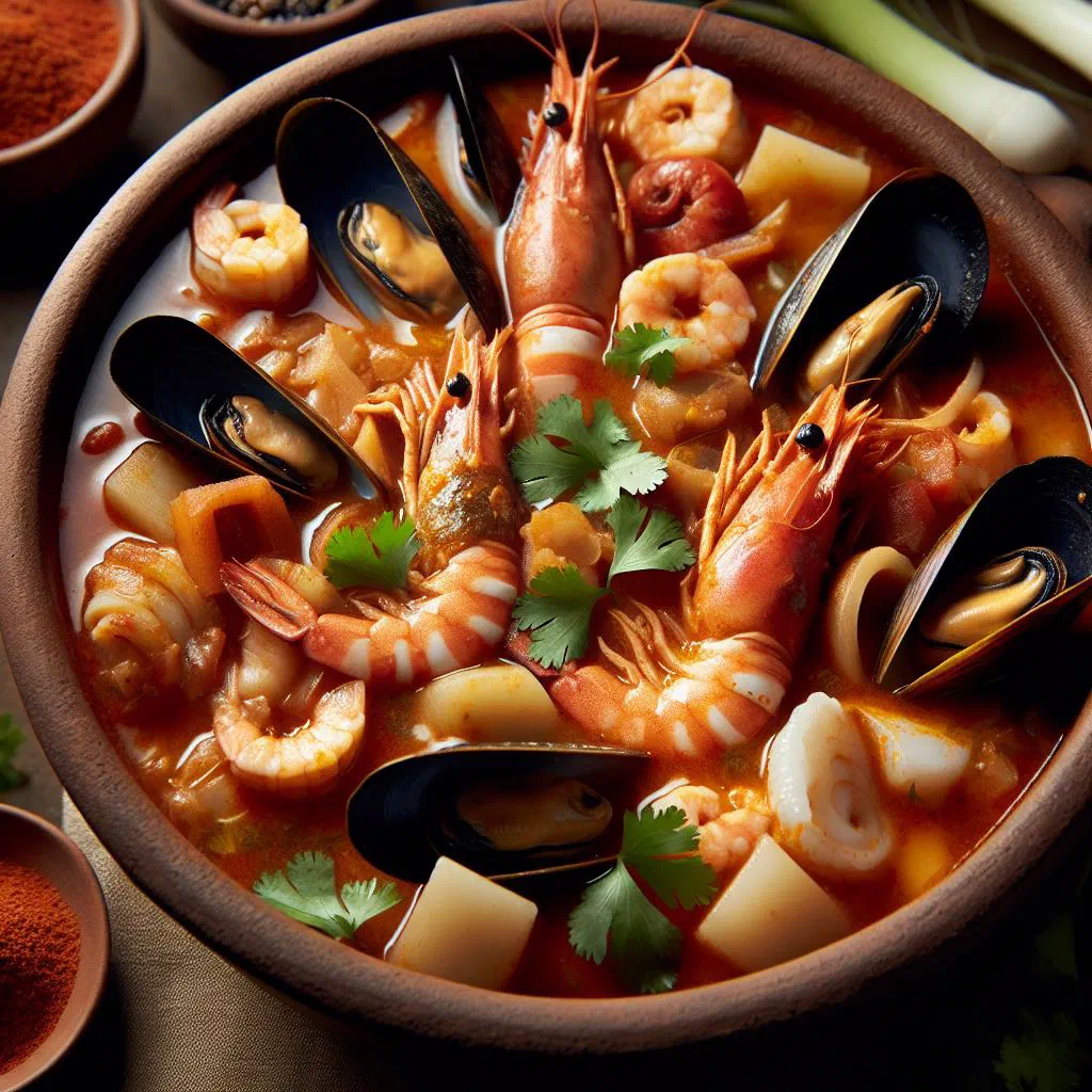 Cuban seafood stew with prawns, mussels and fish in a fragrant broth