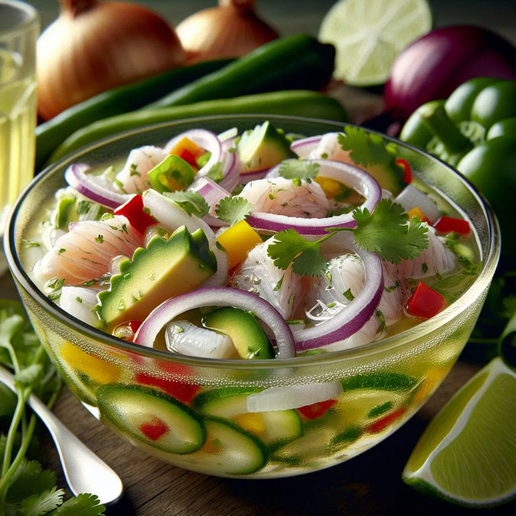 Fresh fish ceviche with red onion, pepper and coriander in a bowl