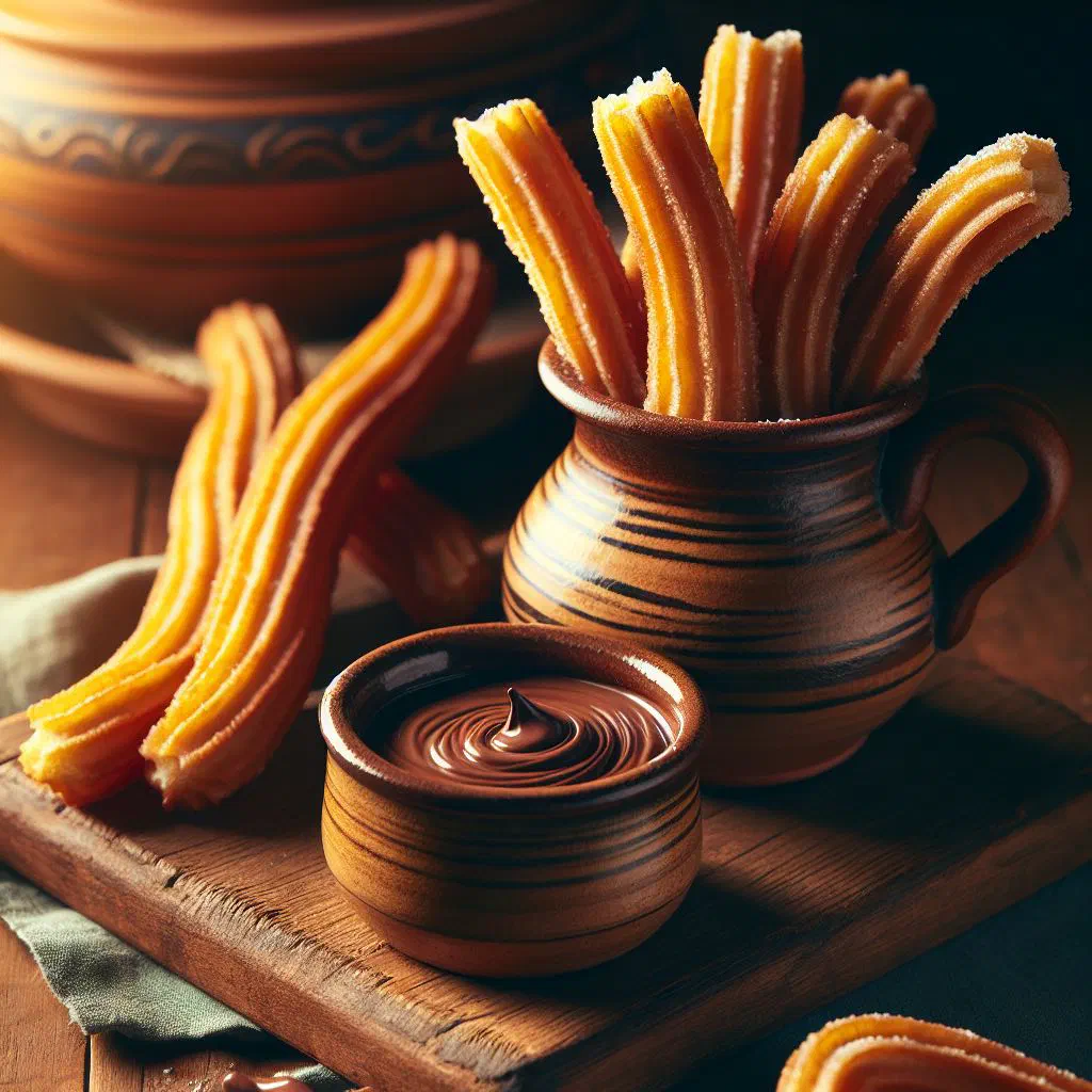 Crisp sugared churros served with a cup of thick dark chocolate for dipping