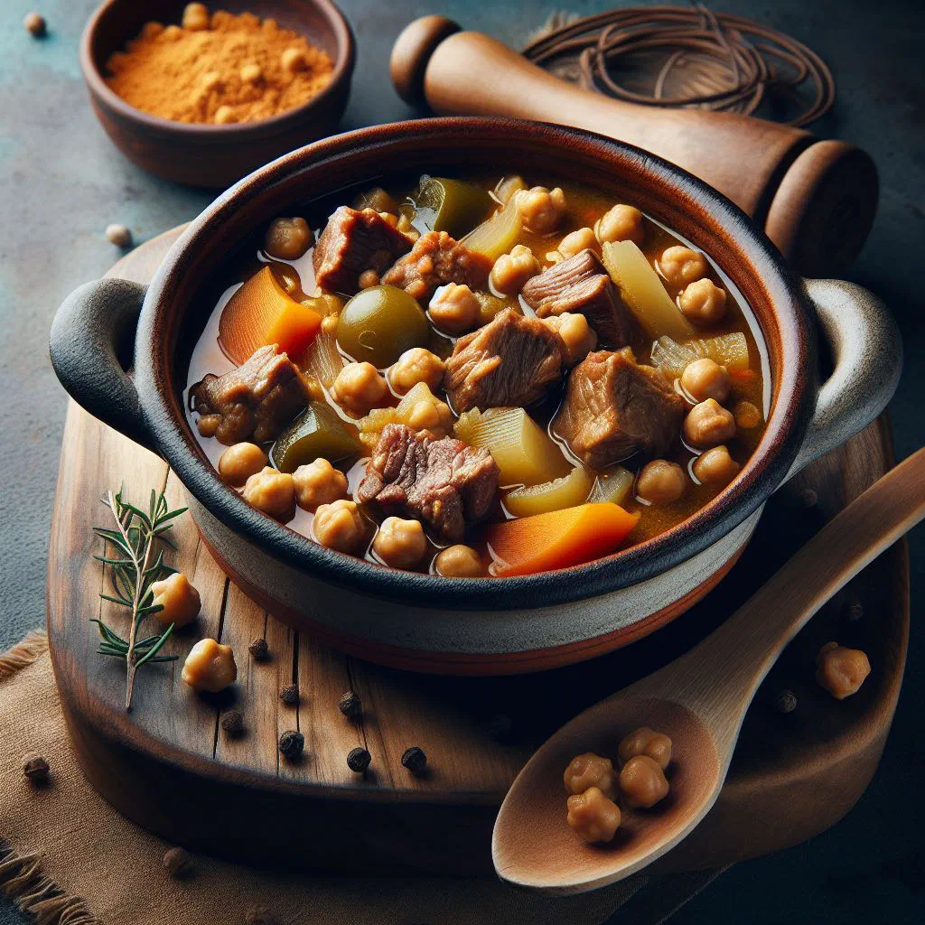 Hearty Cuban cocido stew with tender beef, potatoes and carrots in a bowl